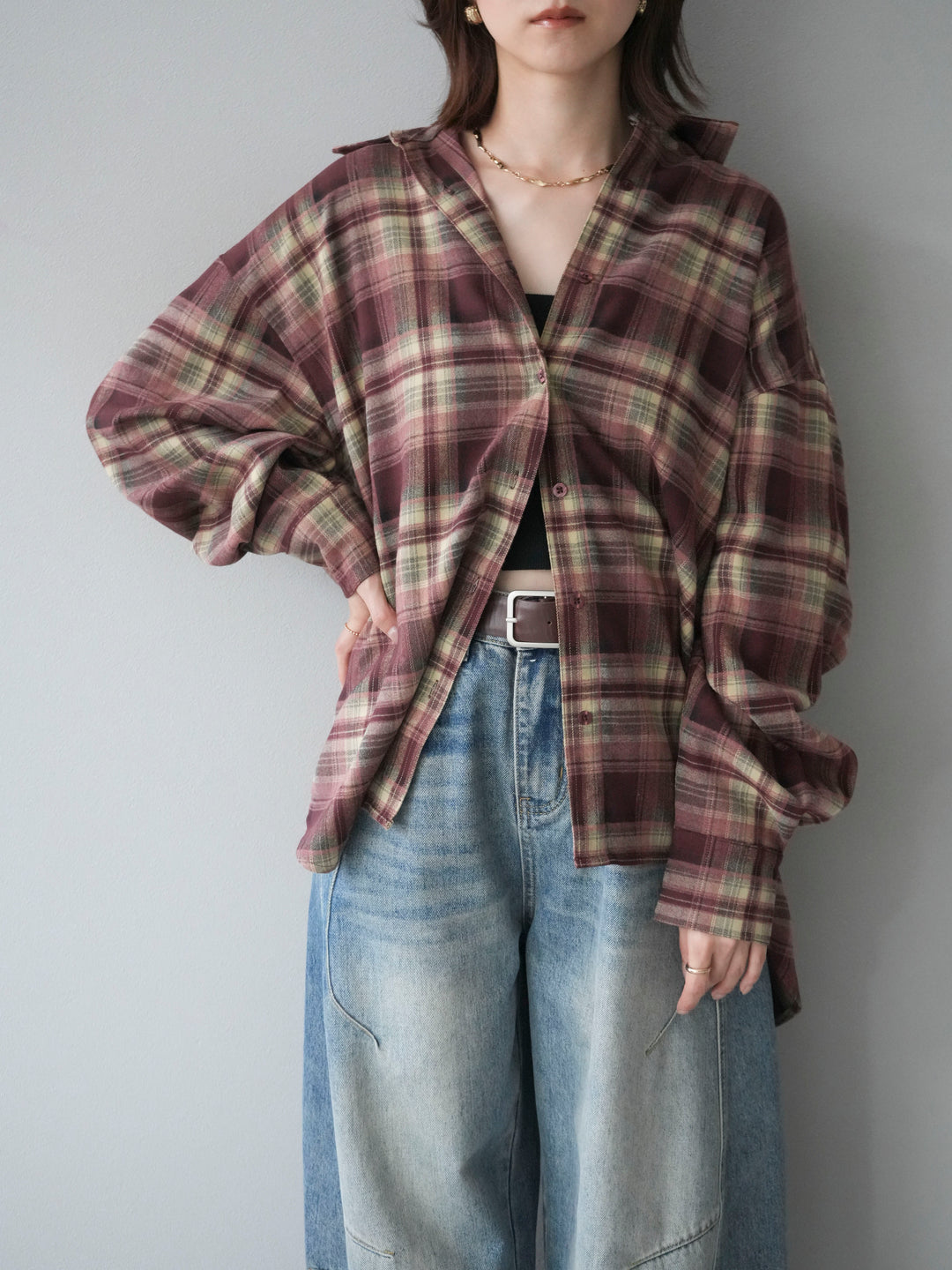 [予約]マルチウェイチェックシャツ/bordeauxbeige