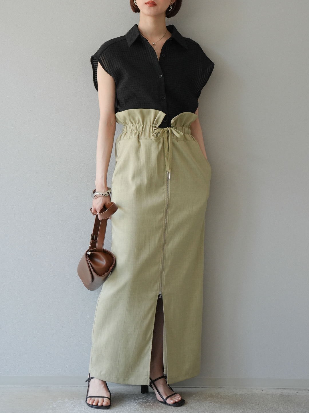 [SET]シアーチェックノースリーブシャツ+ヘザーエステルギャザージップスカート(2set)