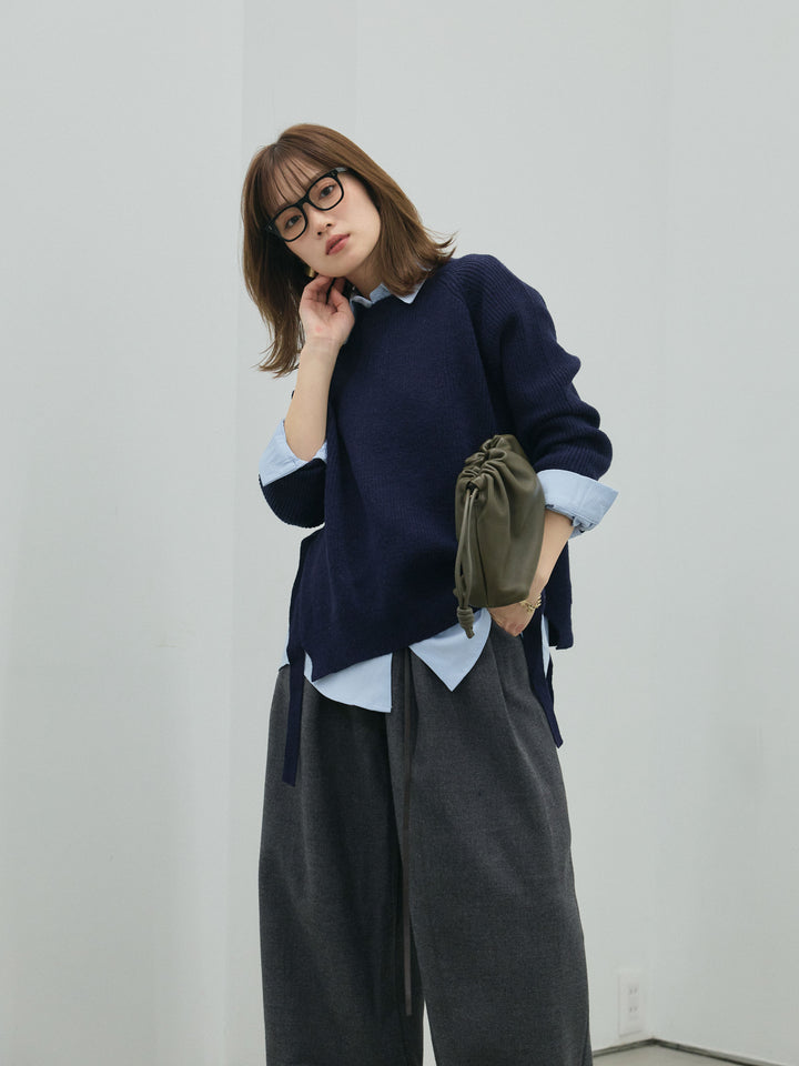 [予約]サイドスリット畦編みニットプルオーバーシャツアンサンブル/navy