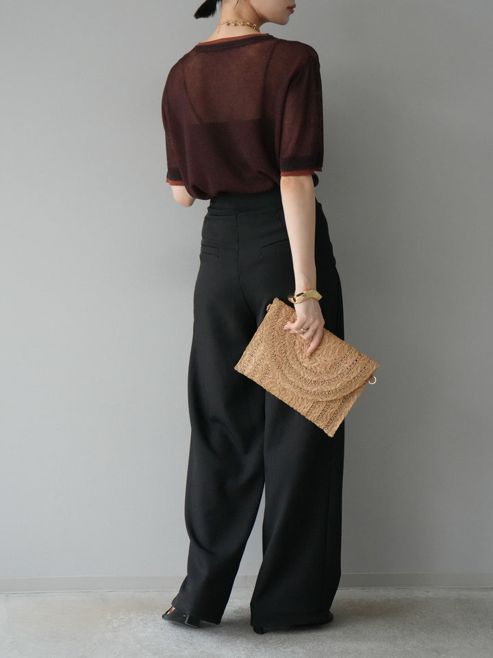 [SET]リネンタッチ配色二重臼ハーフニットトップス+ウエスト巻きデザインワイドパンツ(2set)