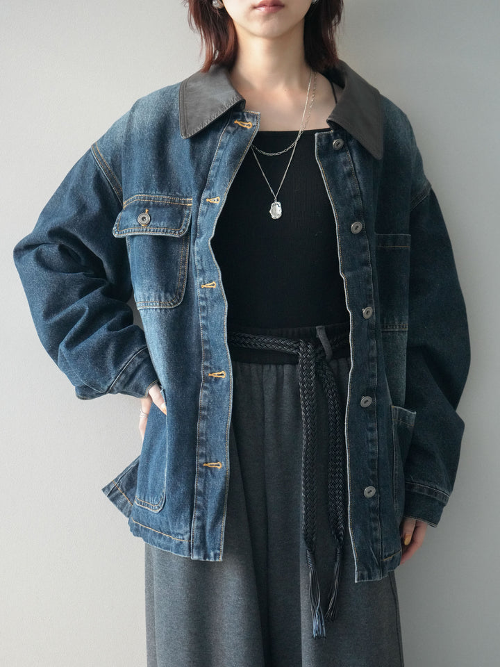 [SET]裏地ファーデニムフライトジャケット+編み込みベルト付きウエスト配色スエットパンツ(2set)