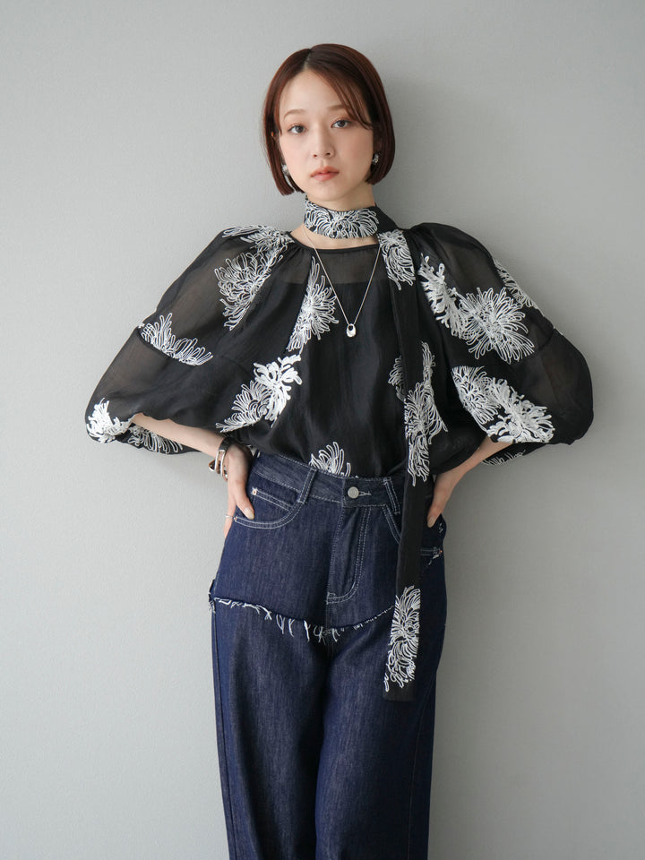 [SET]刺繍シアーバルーンスリーブブラウス+選べるアクセセット(2set)