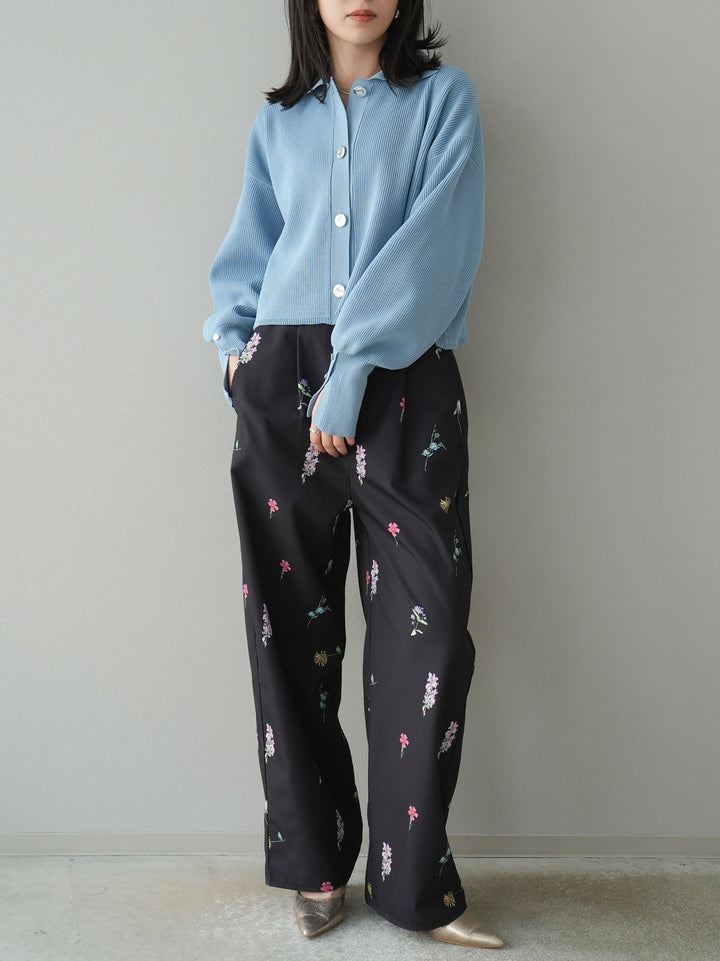 [SET]ボリュームスリーブポロニットカーディガン+フラワーアートプリントタックパンツ(2set)