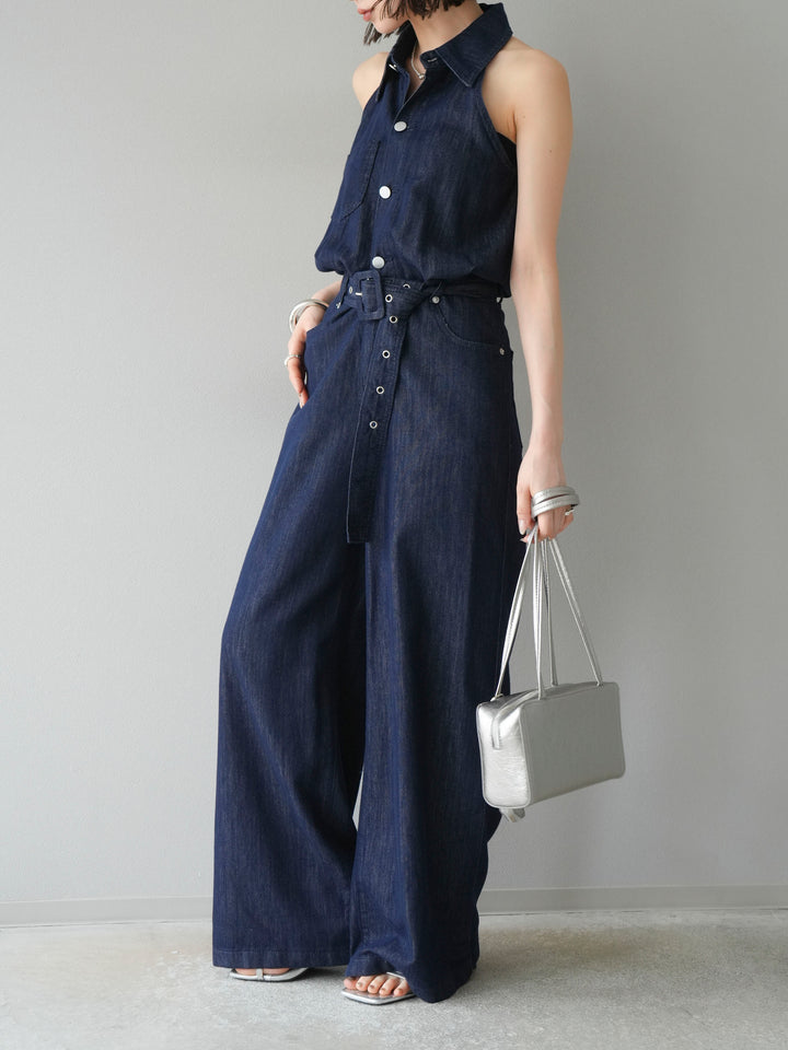 【預購】翻領牛仔連身衣/深藍色