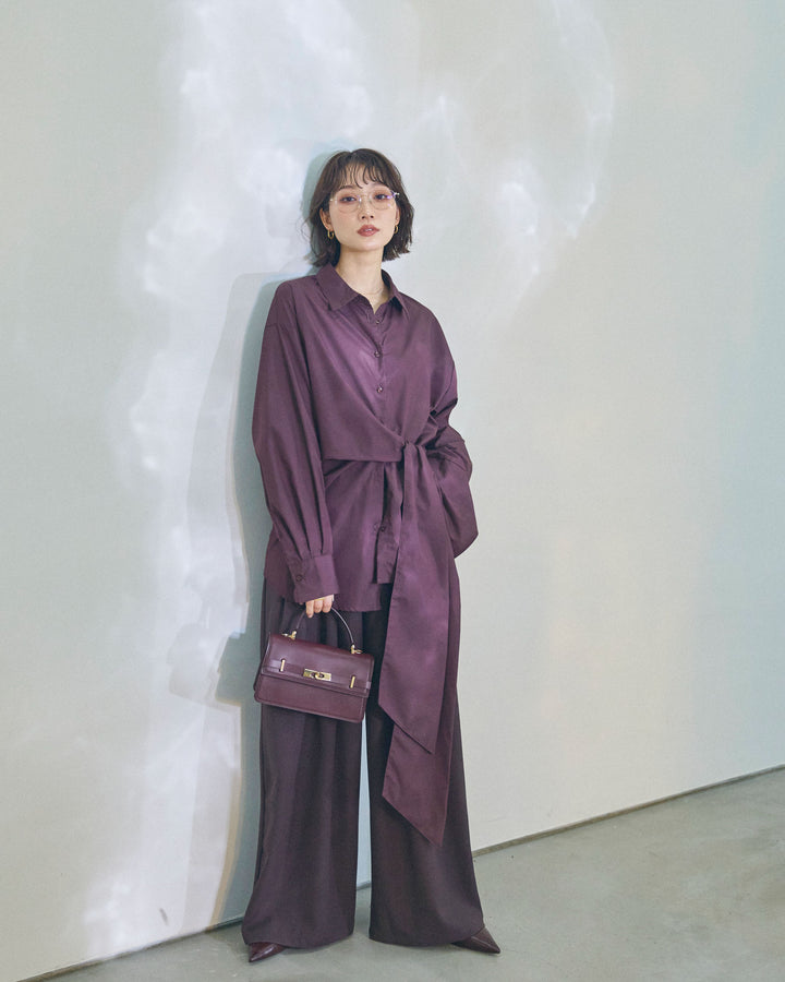 【Allure】[SET]ウエストアシメリボンシャツ+ベルトループデザインワイドパンツ(2set)