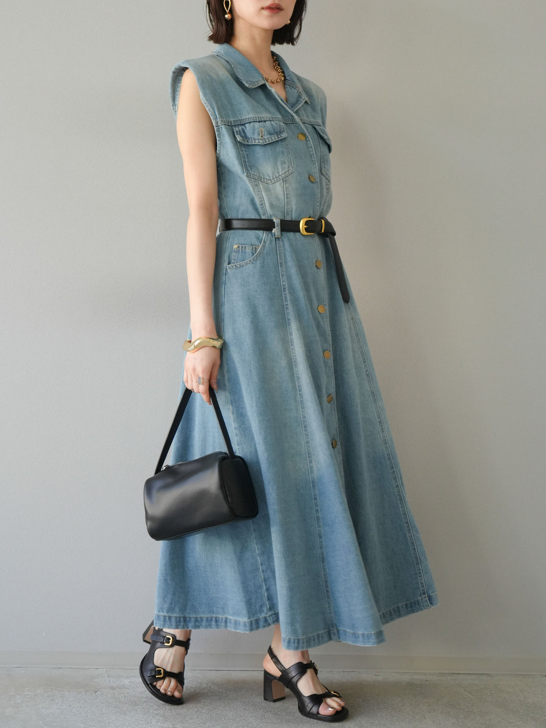 [予約]ベルト付デニムシャツデザインワンピース/ライトブルー