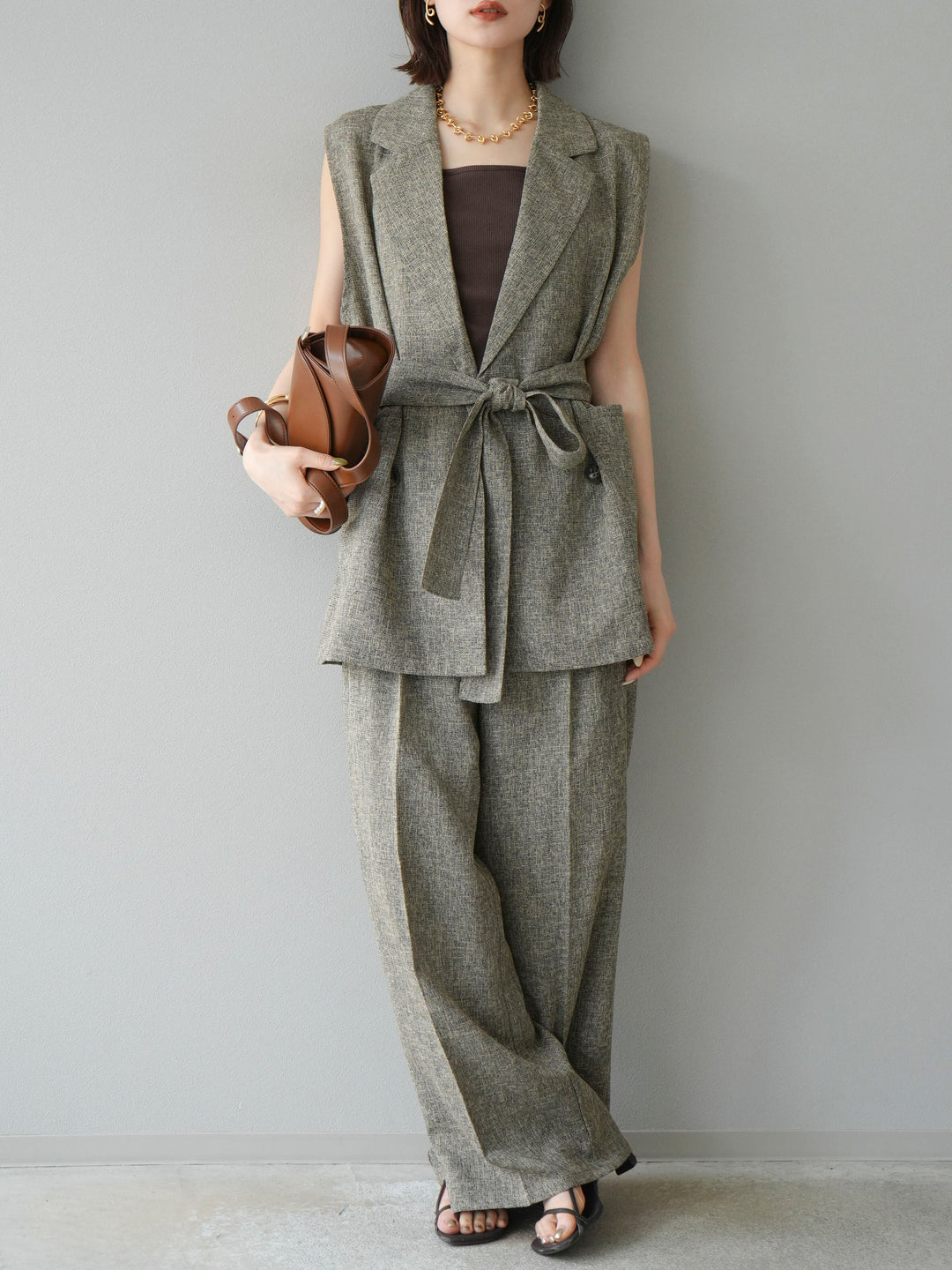 [予約]ミックスツイードタックパンツ/ブラウン