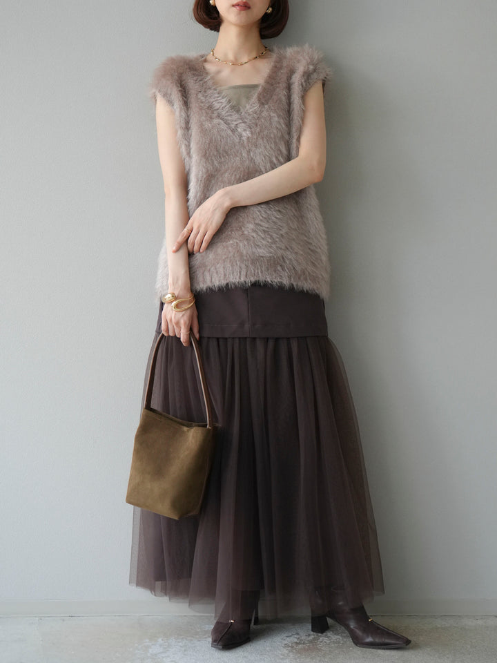 [予約]エステル切替チュールスカート/ブラウン