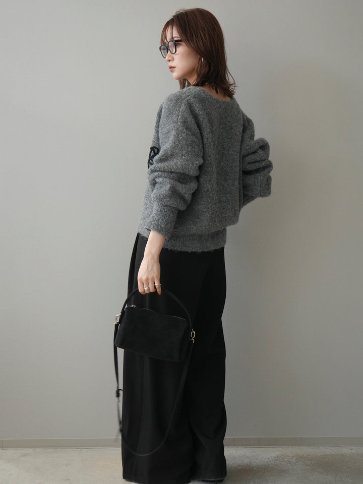 [SET]テープ刺繍ホック開きブークレニットカーディガン+ベルトループデザインワイドパンツ(2set)