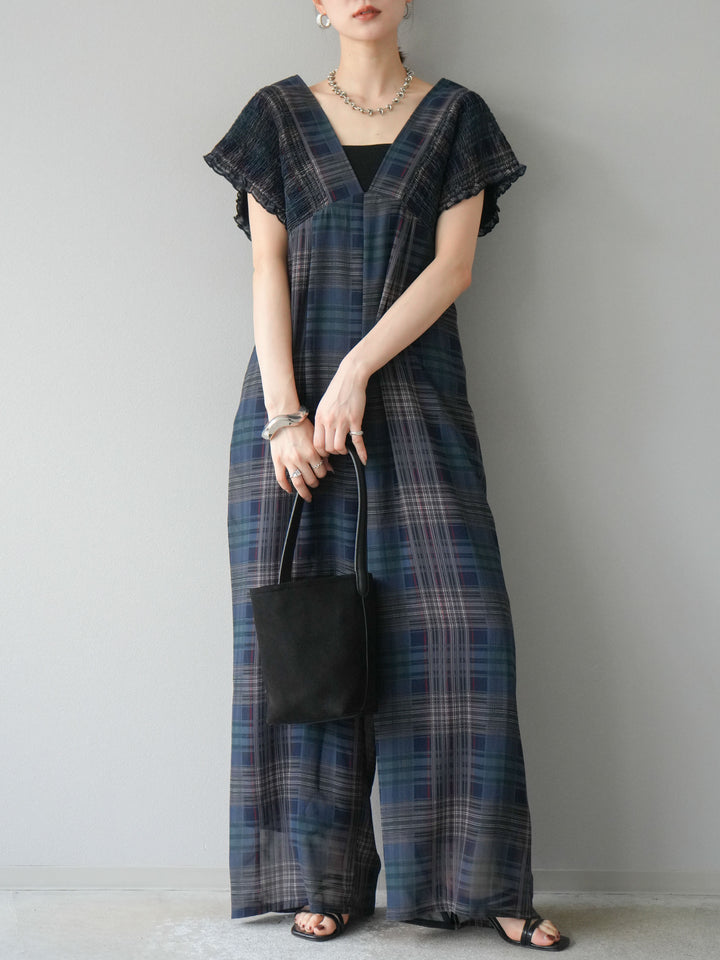 [套裝] 透視格紋褶皺背帶褲 + 配件套裝（2 套）