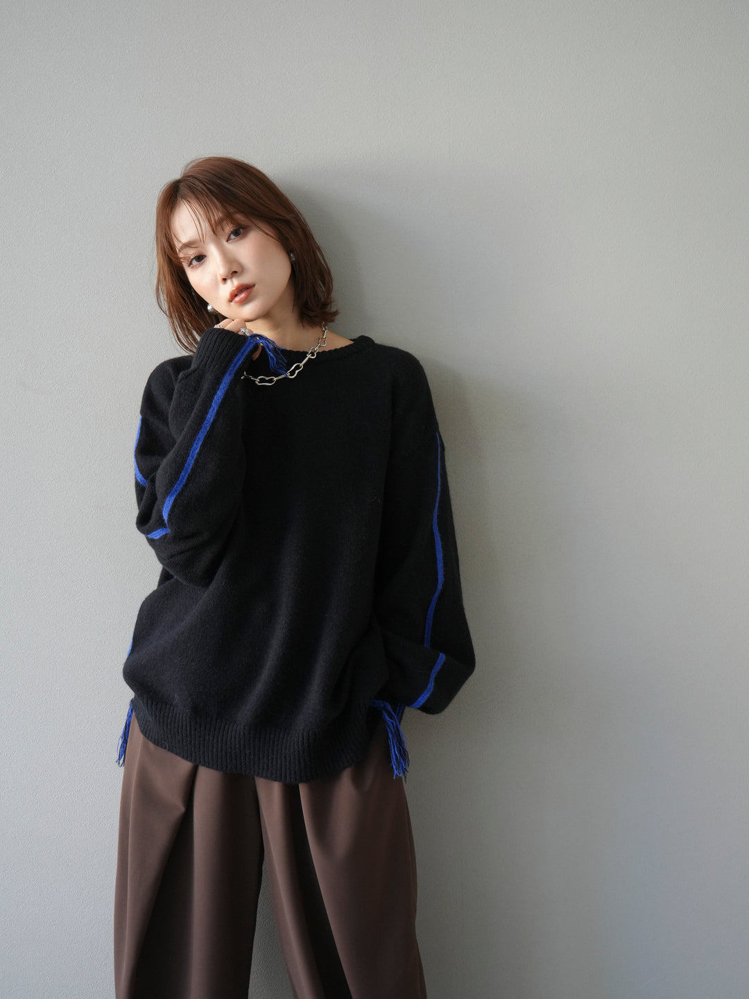 [予約]配色ステッチフリンジニットプルオーバー /ブラック