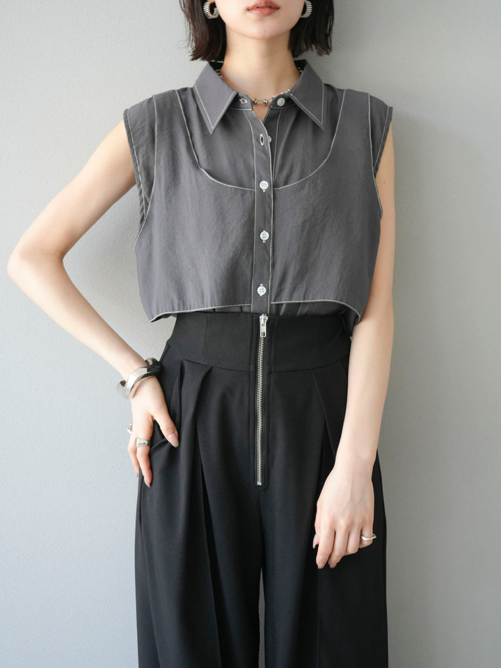 [預訂] 縫合透視多層設計襯衫/炭灰色