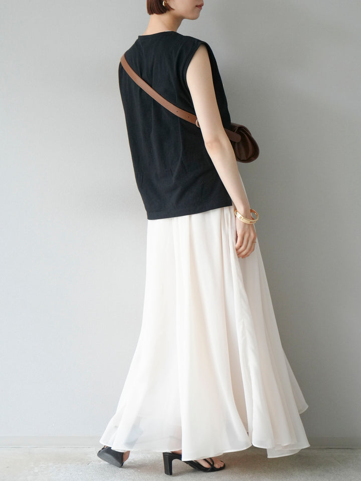 [SET] 繩繡法式袖T卹+雪紡喇叭裙（2件組）