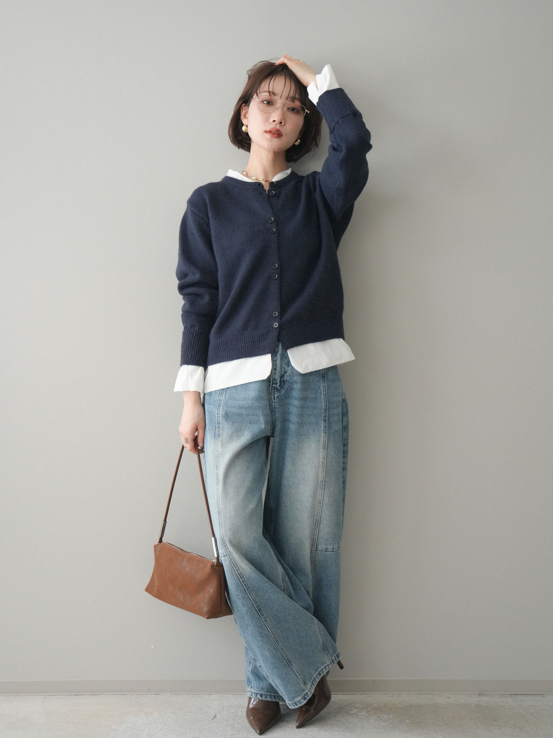 [SET]布帛ドッキングニットカーディガン+ガーメントウォッシュカーブデニムパンツ(2set)