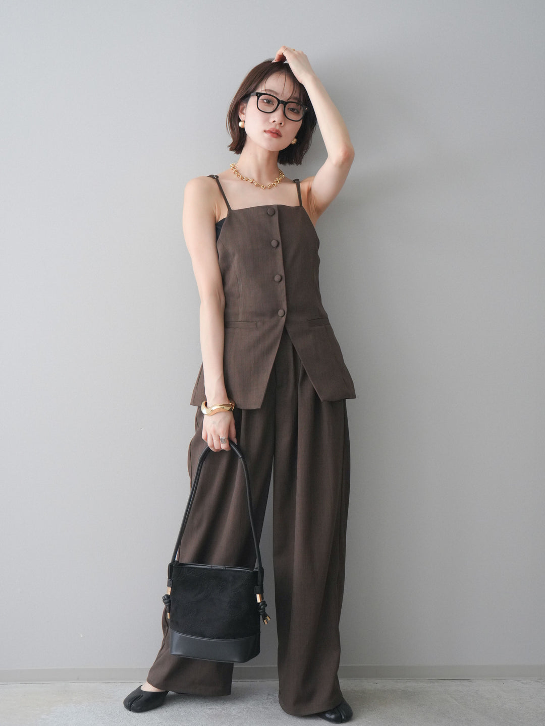 [予約]異素材ドッキングメニータックワイドパンツ/brown