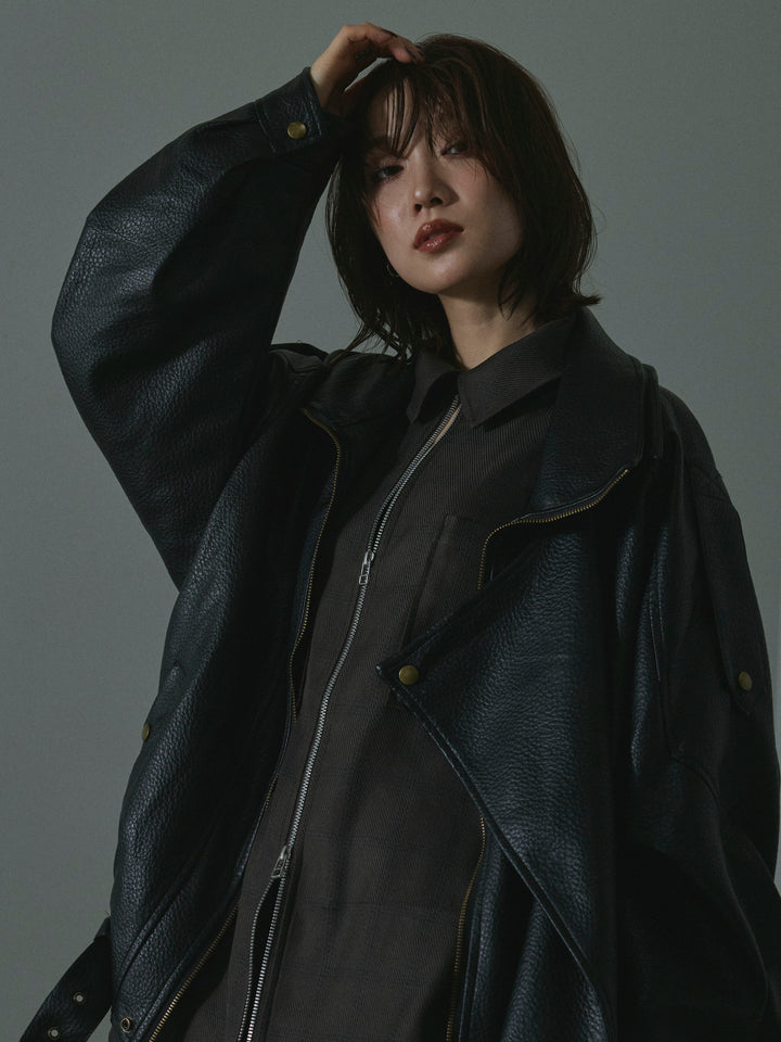 【Allure】[SET]スタンドカラーレザーブルゾン+杢チェックZIPシャツジャケット+杢チェックタックパンツ(3set)