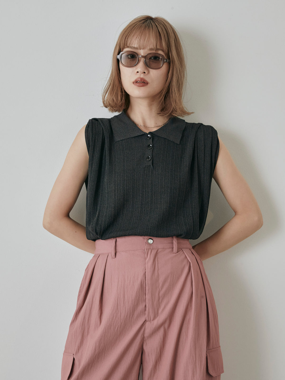 [予約]ランダムリブポロニットベスト/チャコール