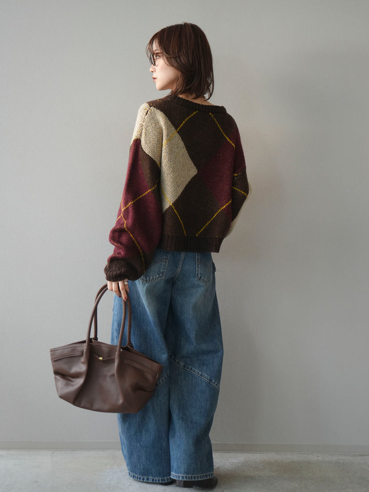 [SET]配色ステッチアーガイル柄ニットプルオーバー+ペインターカーブデニムパンツ(2set)