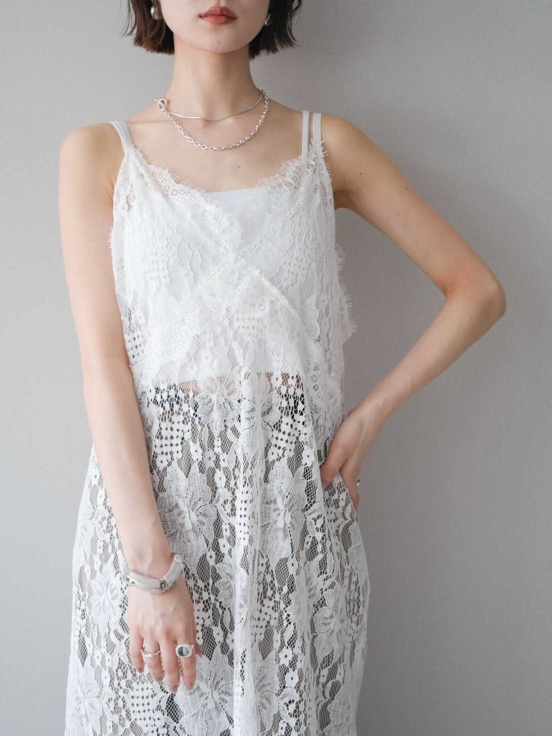 [SET]総レースチュニックキャミソール+ベルト付キーホルダーモチーフワイドパンツ(2set)