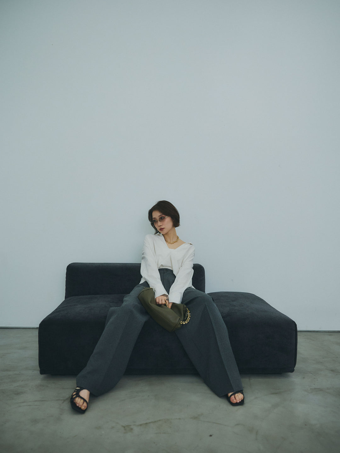 【Allure】[SET]コットンライクスキッパーシャツ+杢調ライトストレートパンツ(2set)