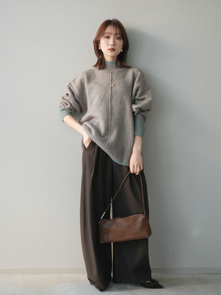 [予約]アニマル柄ベルト付きウールタッチワイドパンツ/brown