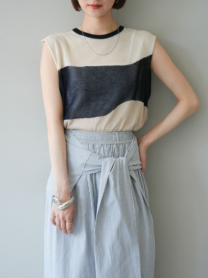 [SET] 雙色透視針織無袖上衣 + 條紋束腰休閒褲 (2set)