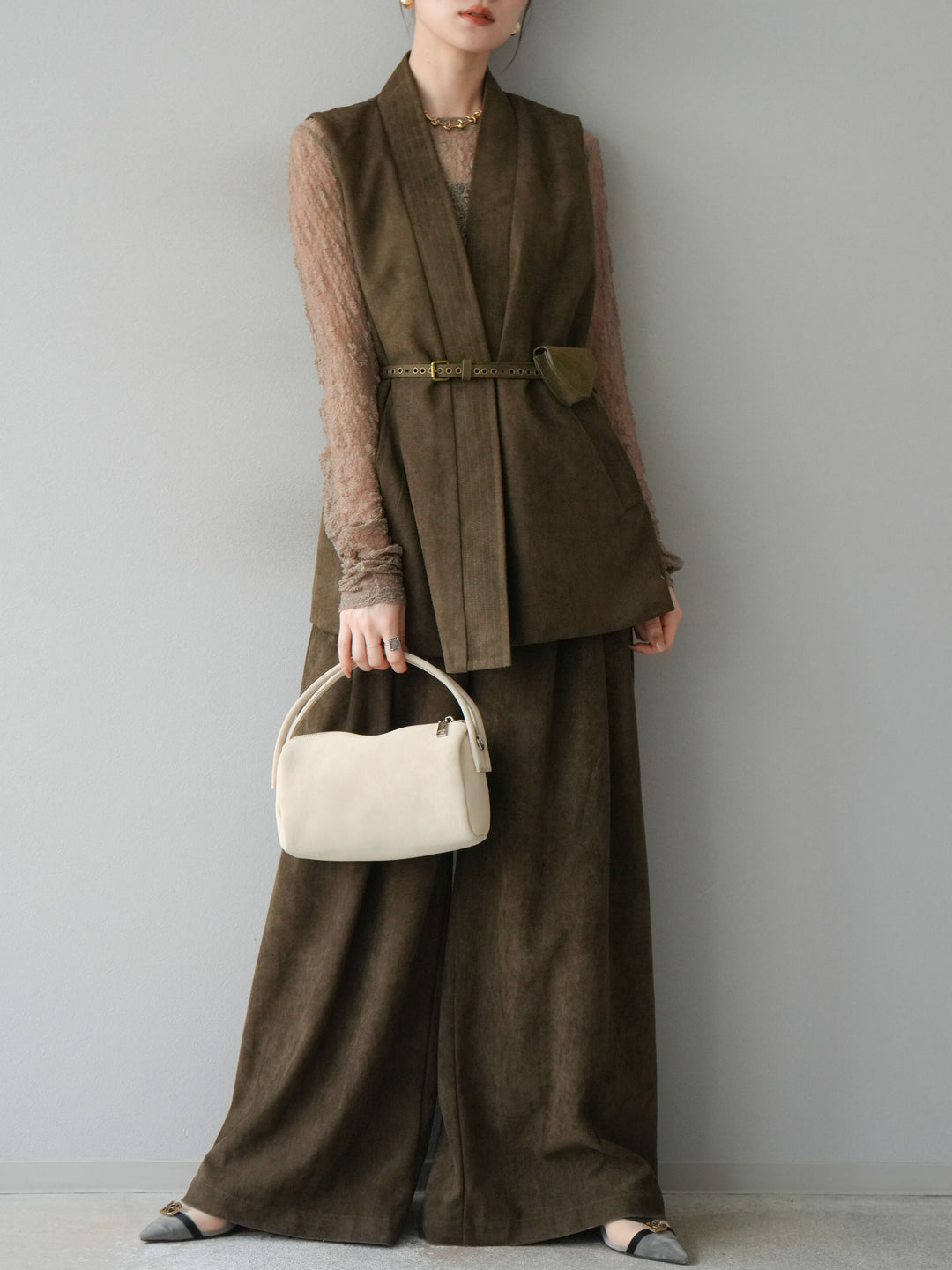 [SET]ポーチベルト付スウェードジレ×パンツSET UP(2set)