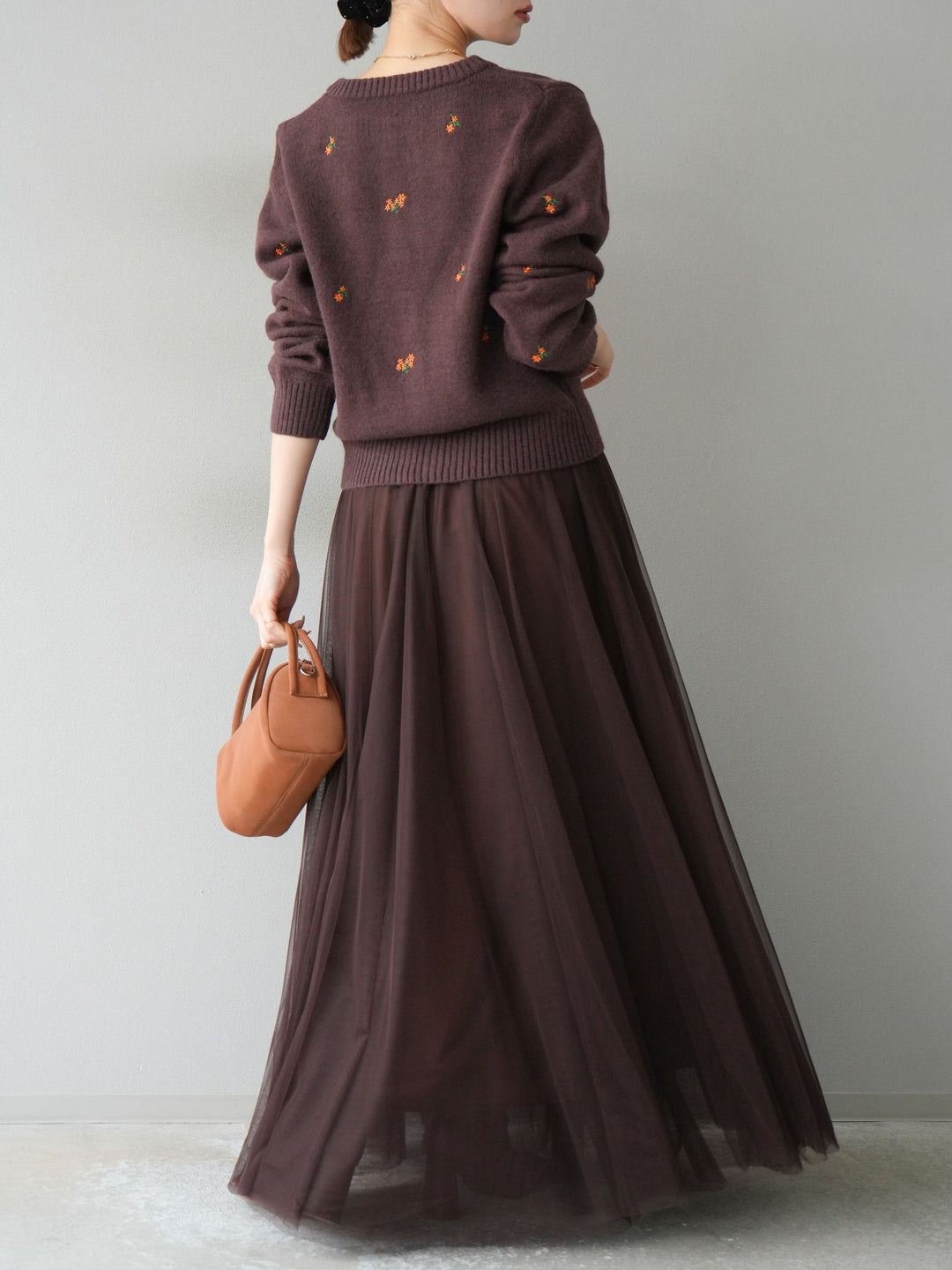 [SET]フラワー刺繍ニットカーディガン+チュールボリュームスカート(2set)