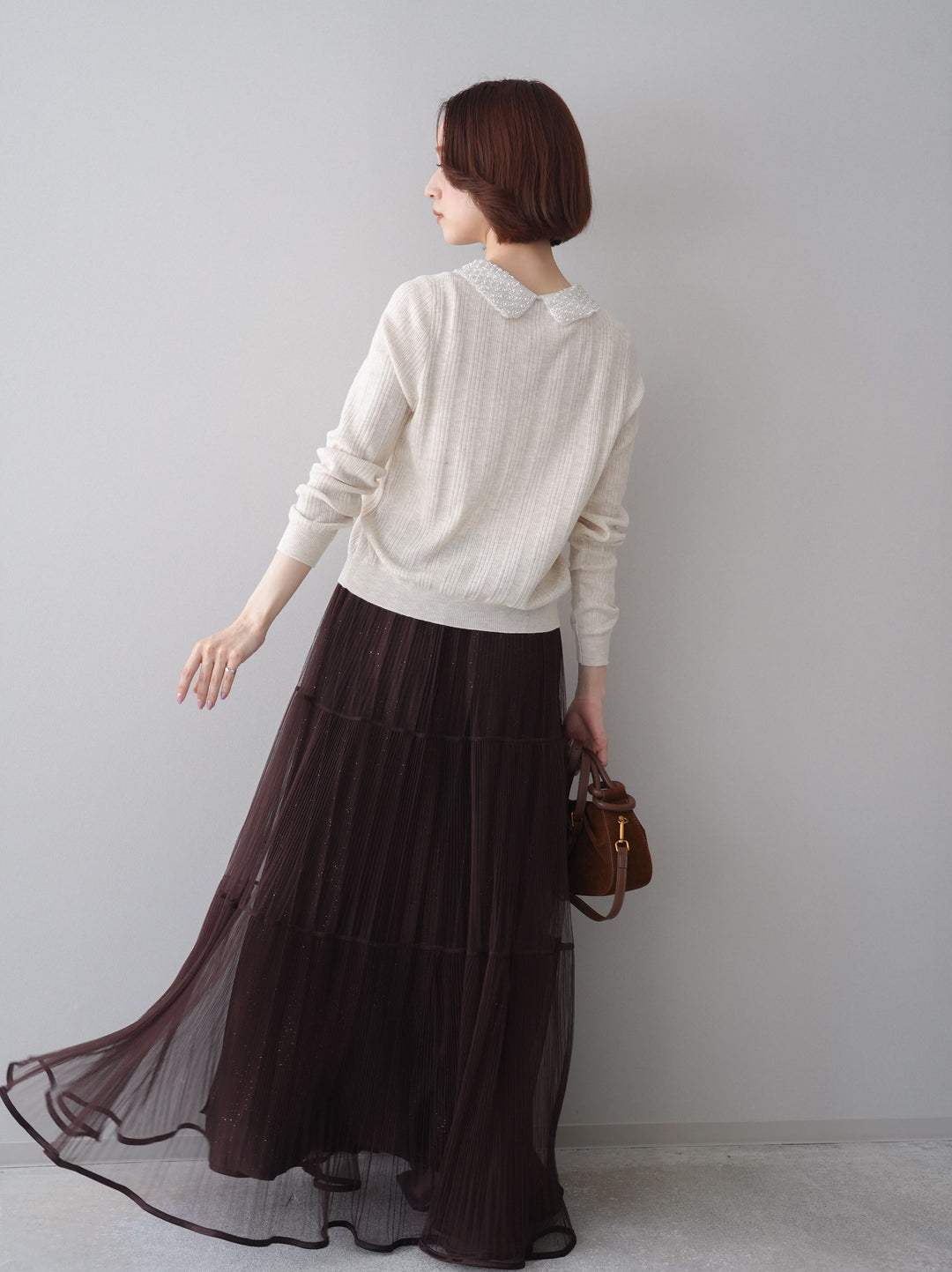[予約]ラメプリーツレイヤードチュールロングスカート/brown