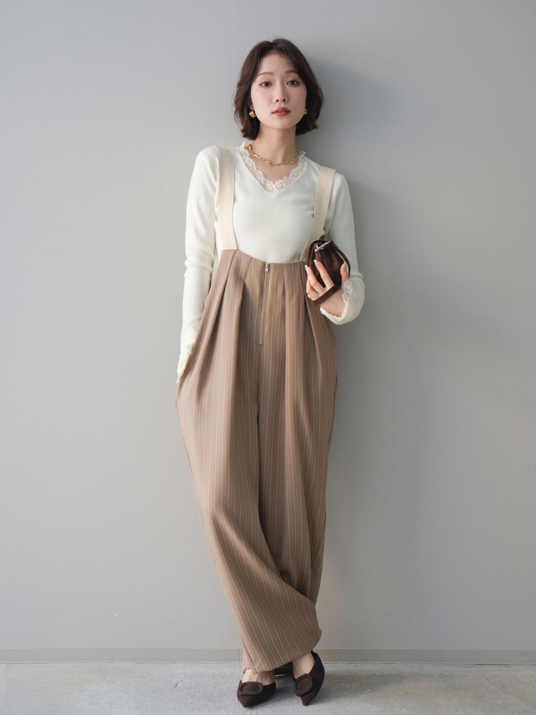 [予約]グログランテープストライプサロペット/beige