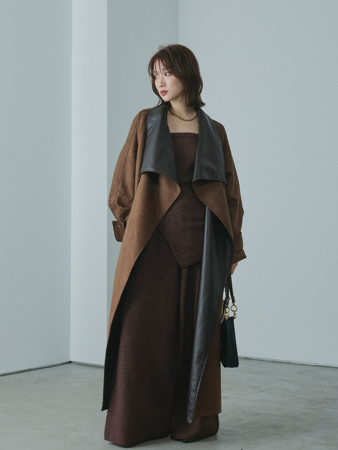 [予約]レザーカラースウェードロングコート/brown