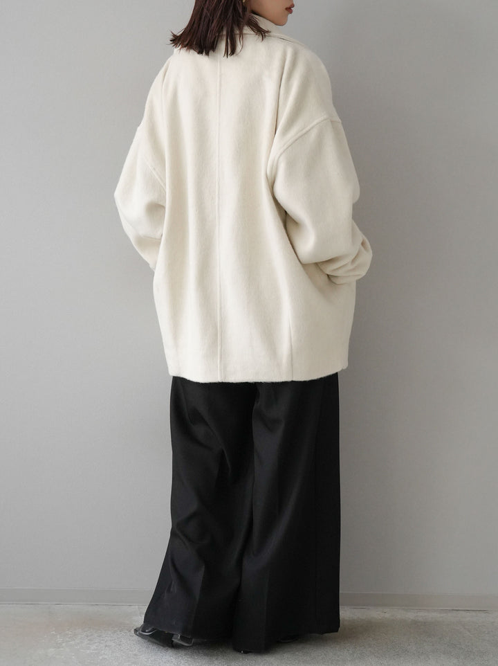 [SET]フェイクビーバーミドルコート+袖ボタンハイネックリブニットトップス+ベルト付ウールタッチワイドパンツL(3set)