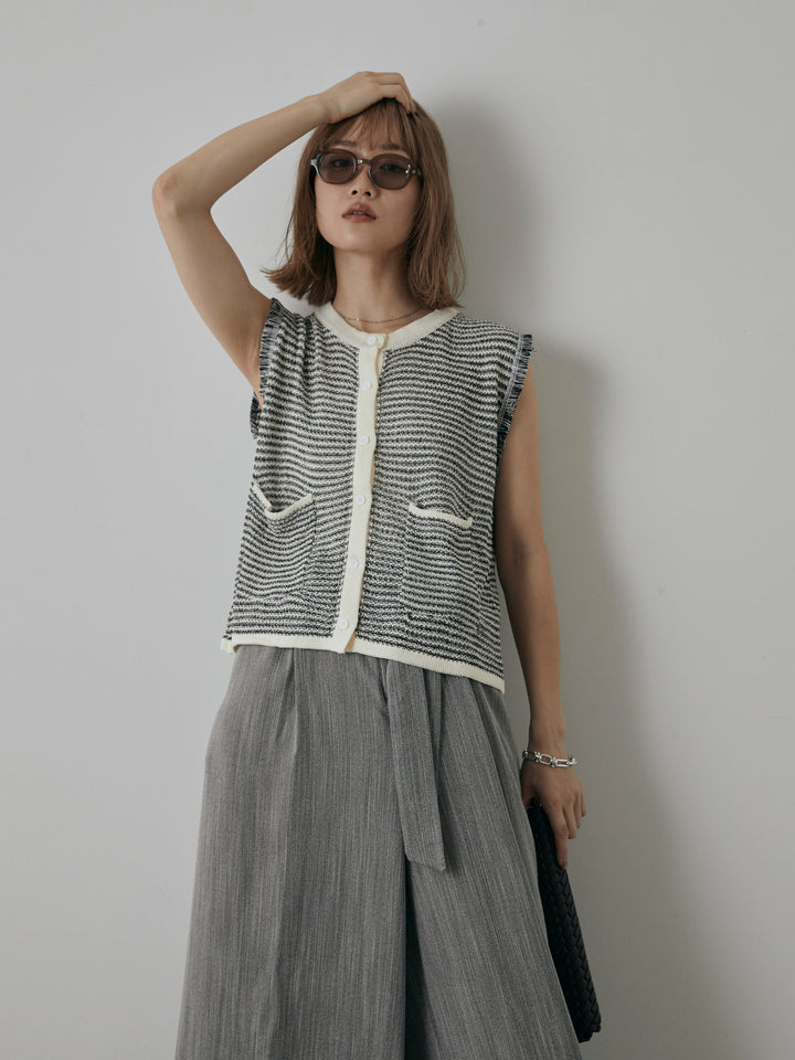[予約]ボーダー袖フリンジニットベスト/オフ