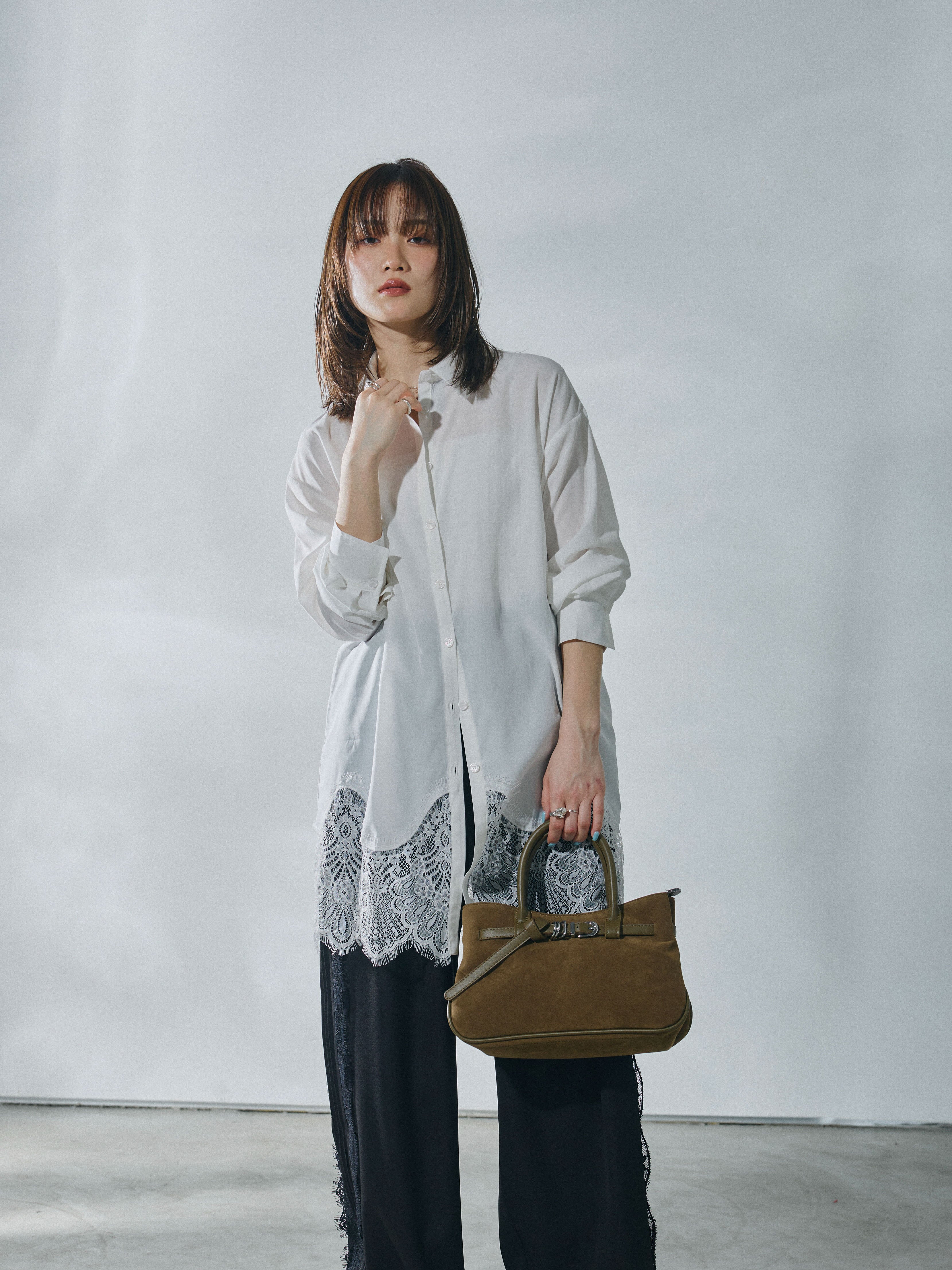 Allure】[SET]裾レースポプリンシャツ+サイドピンタックレースイージー