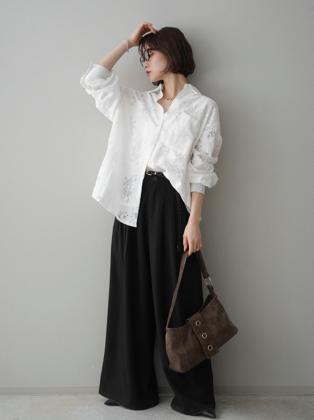 [予約]編み込みベルト付タックワイドパンツ/black