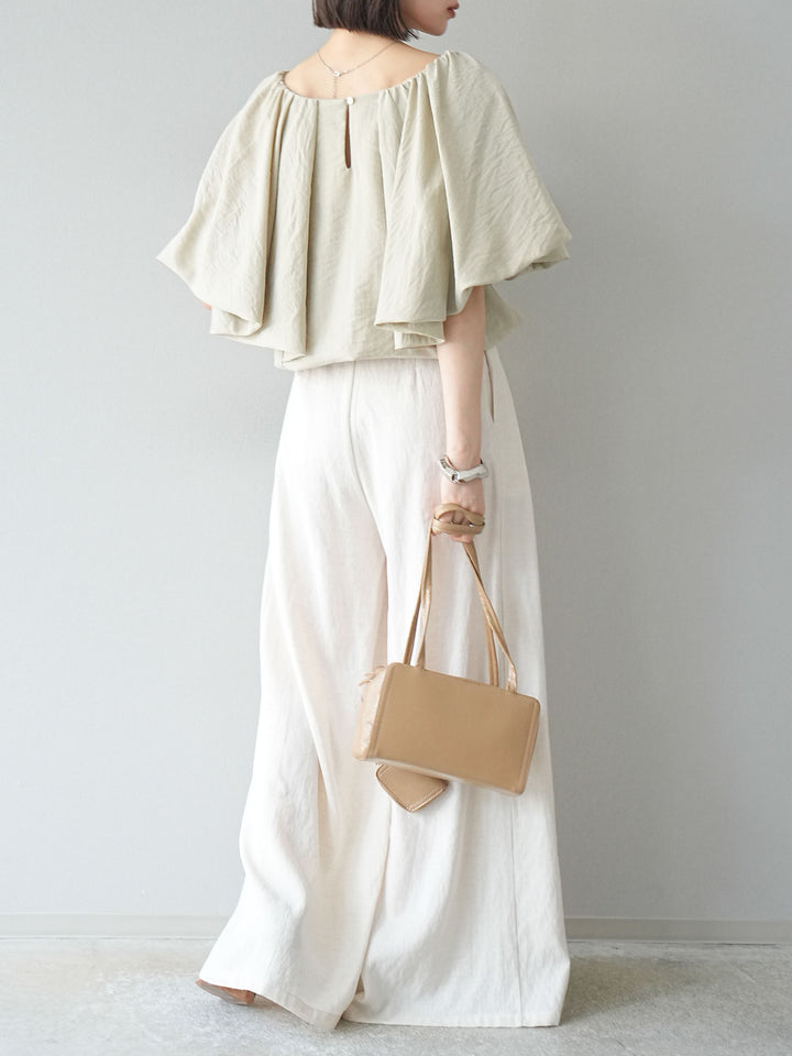 【預購】仿亞麻雙褶設計寬褲/象牙白