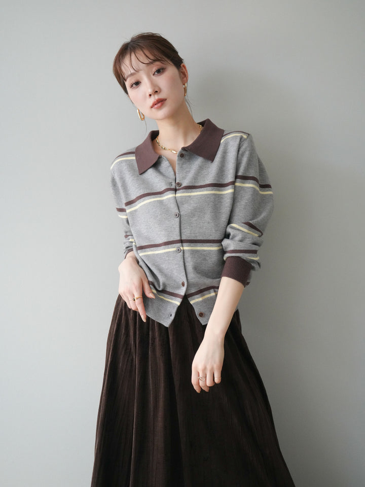 [予約]配色マルチボーダーポロニットカーディガン/gray