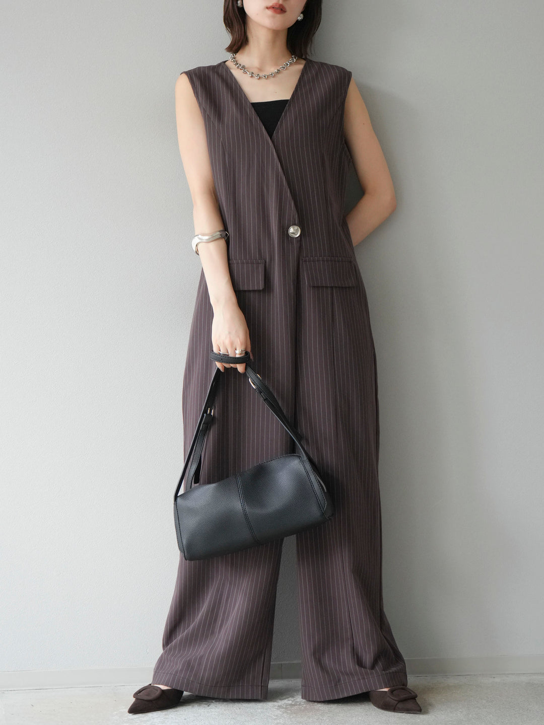 [予約]ストライプラップデザインオールインワン/ブラウン