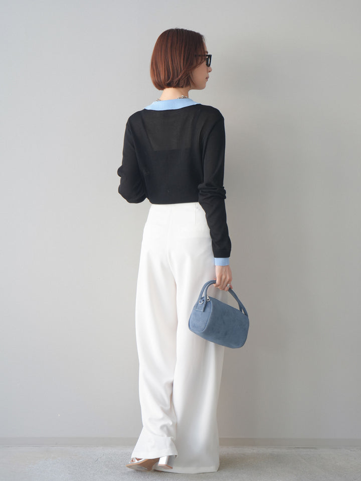 [SET]配色デザインシアーポロニット+ラッフルベルトワイドパンツ(2set)