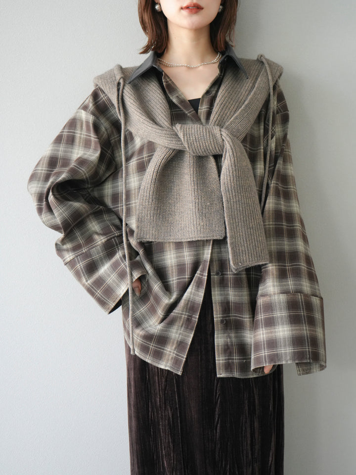 [SET]レザー襟オンブレチェックオーバーシャツ +クラッシュベロアナロースカート(2set)