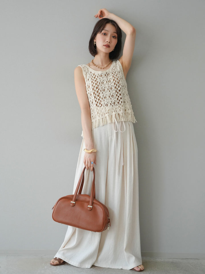 【預購】仿亞麻雙褶設計寬褲/象牙白