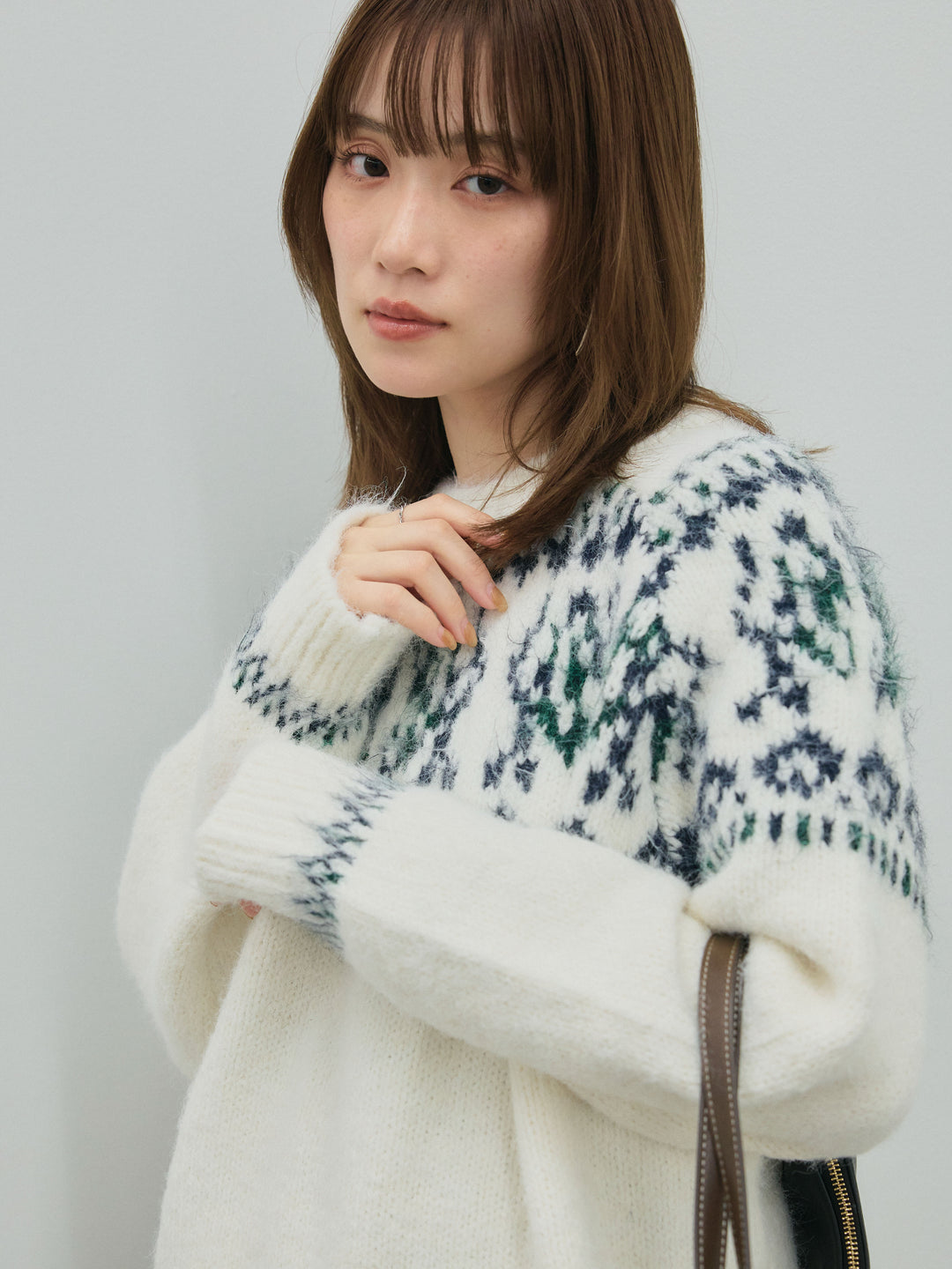 【Allure】[SET]ノルディック柄モックネックオーバニットプルオーバー+起毛レースストレッチナロースカート(2set)