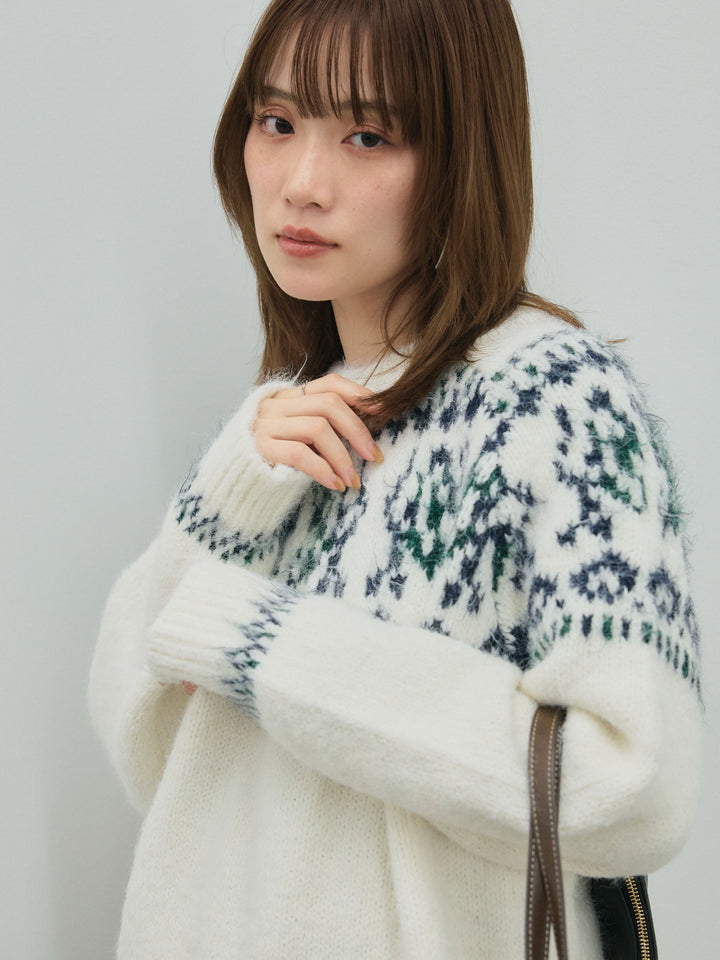 【Allure】[SET]ノルディック柄モックネックオーバニットプルオーバー+起毛レースストレッチナロースカート(2set)