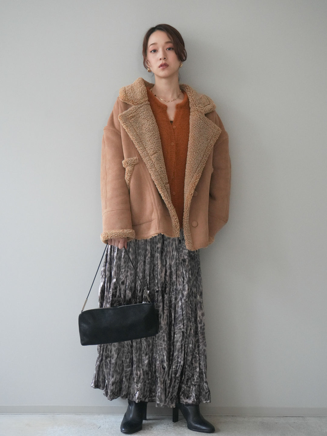 [予約]レオパードベロアワッシャーロングスカート/gray