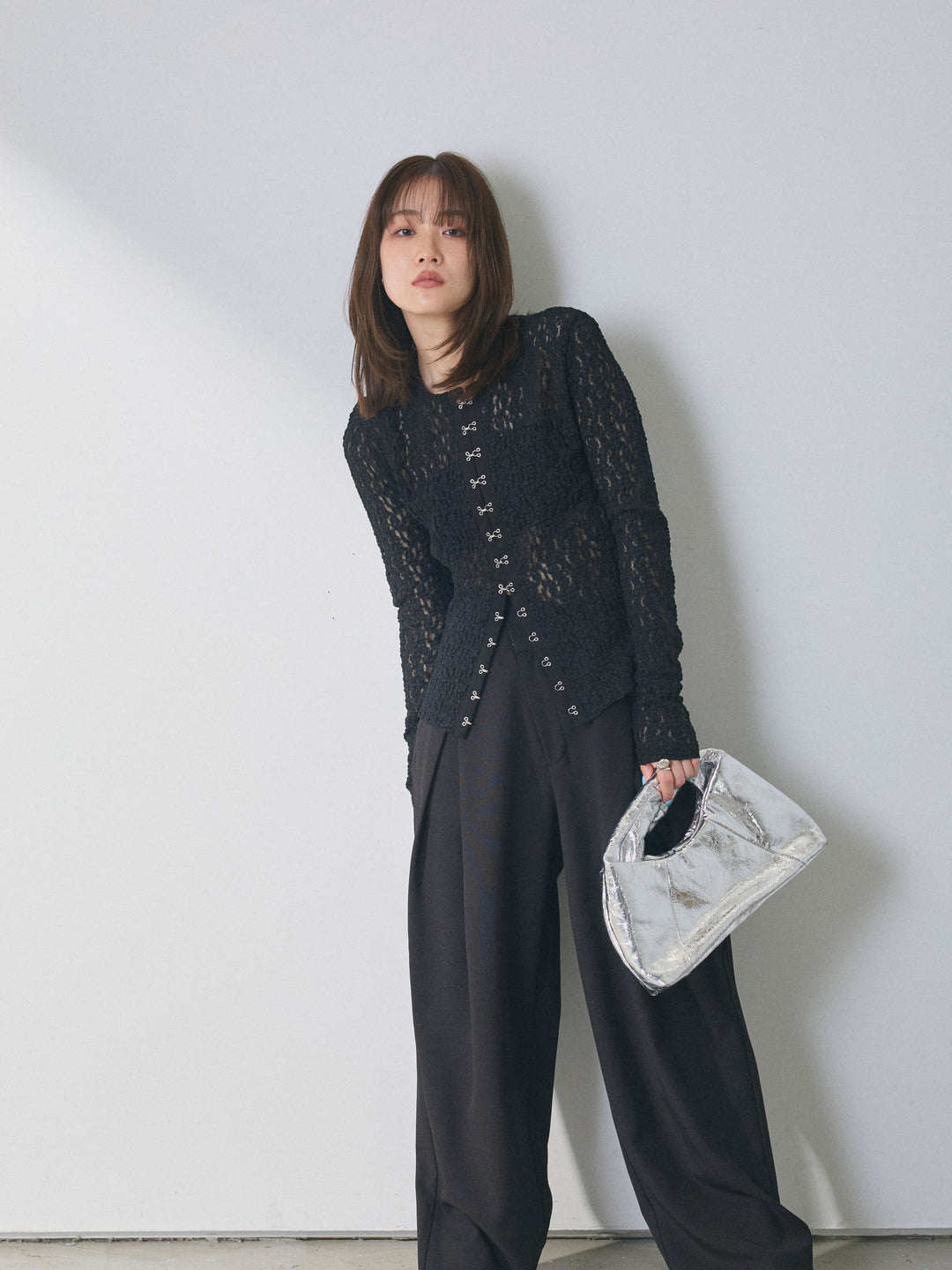 【Allure】[SET]ストレッチレースフロントホックトップス+アシンメトリーウエストタックパンツ(2set)