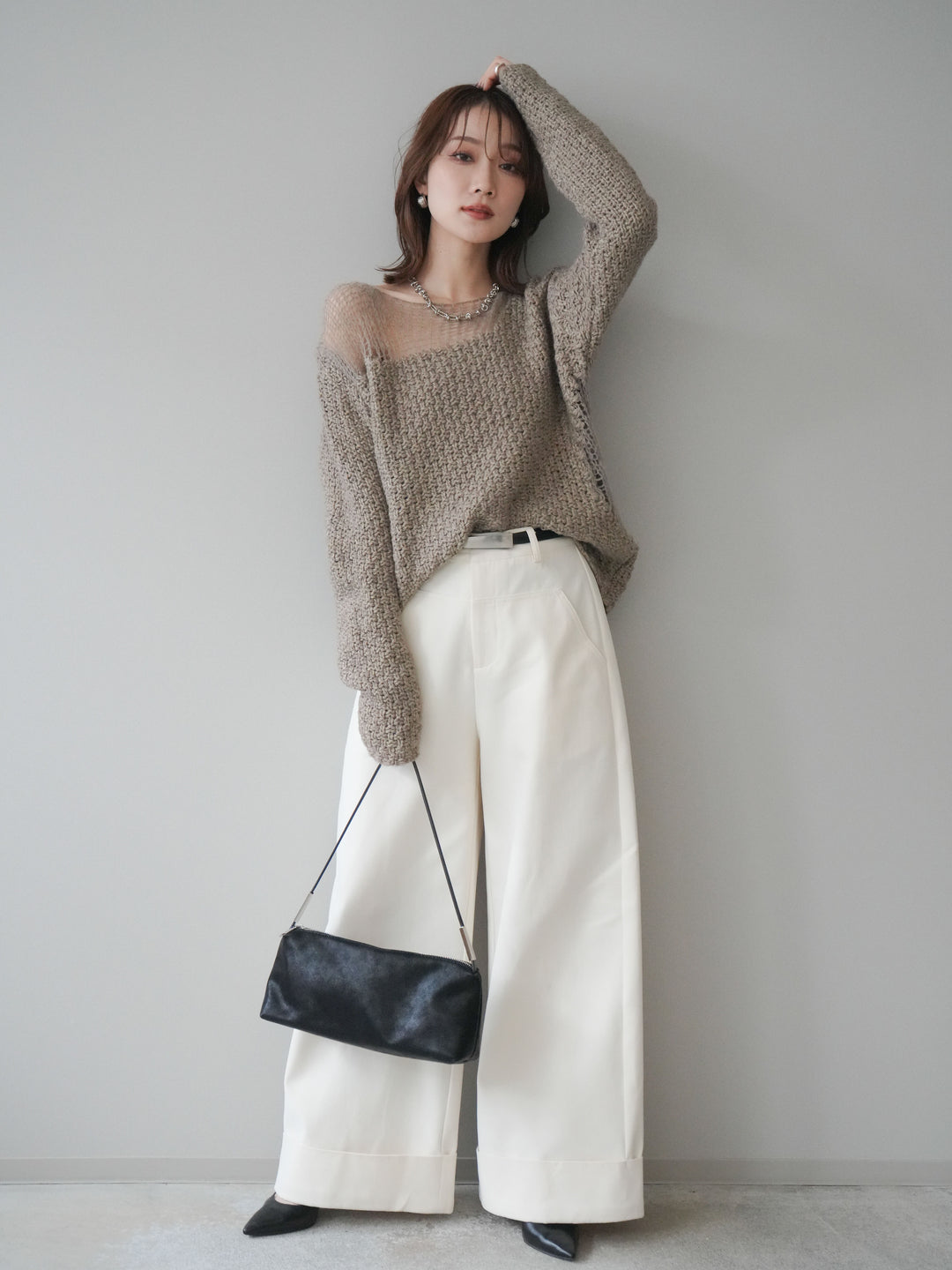 [予約]ベルト付き折り返しコットンツイルワイドパンツ/ivory