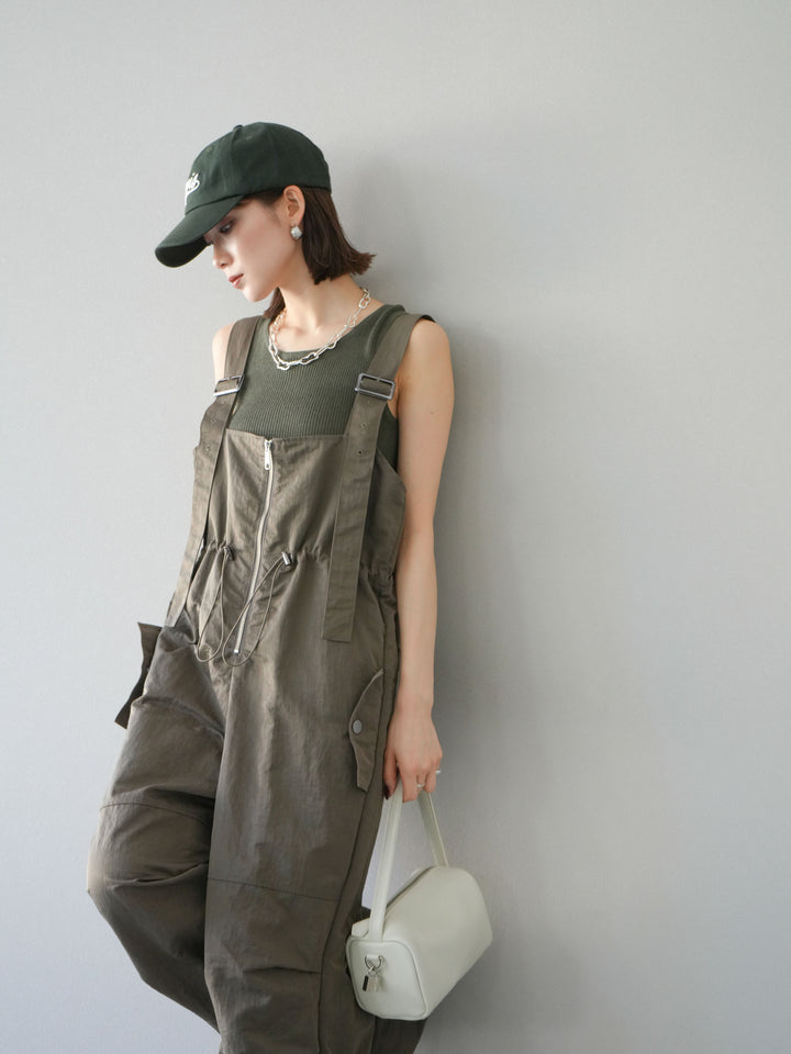 [予約]ナイロンタックデザインサロペット/カーキ