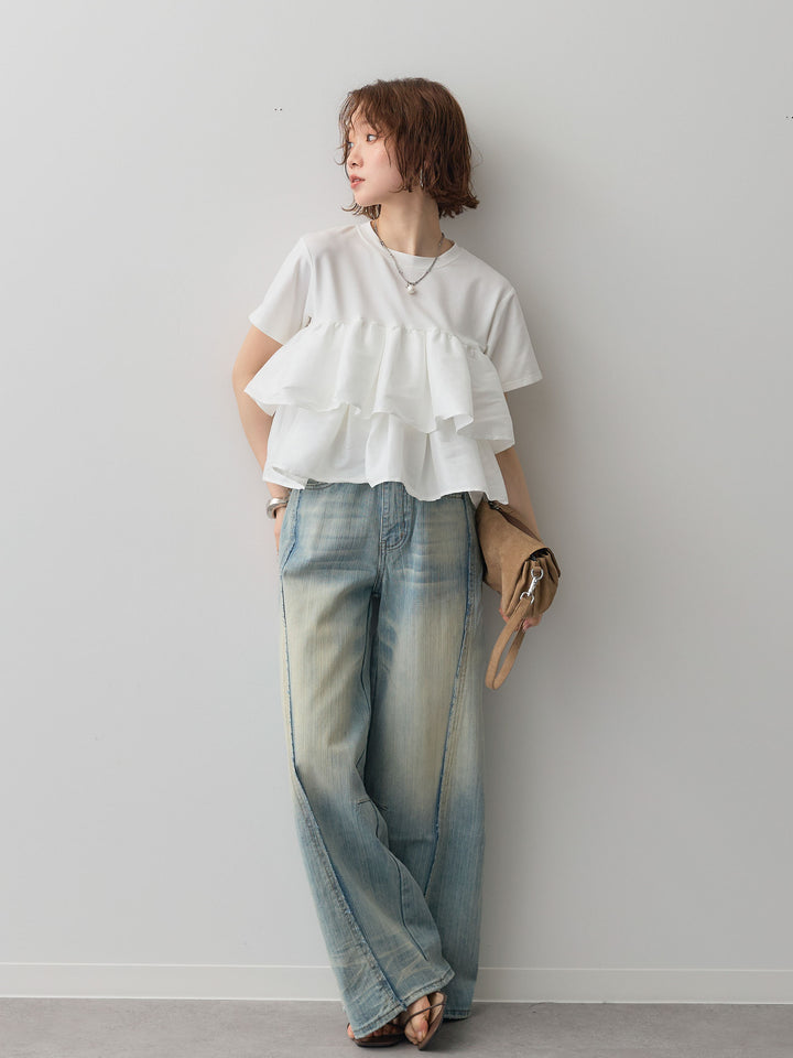 [SET]フリルティアードTEE+縦ウォッシュワイドデニムパンツ(2set)