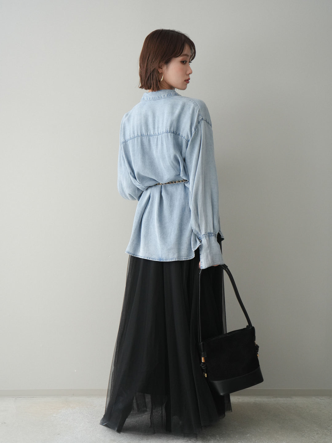 [SET]テンセルデニムタックシャツ+チュールボリュームスカート(2set)