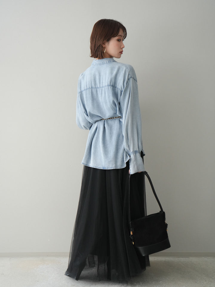 [SET]テンセルデニムタックシャツ+チュールボリュームスカート(2set)